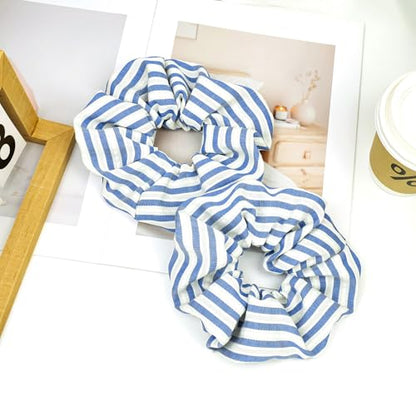 Big Blue White Striped Scrunchies for Women 2 Pack Large Hair Ties, Fabric Ponytail Holders Elastic Hair Bands Women Girls Hair Accessories - color: Stripede Blue