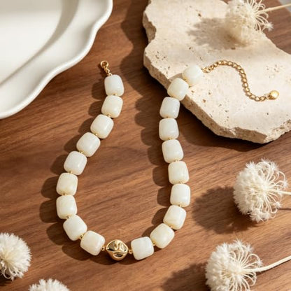 Chunky Beaded Necklace for Women,Square Resin beads boho Choker Necklace with gold-tone spacers,Fashion Trendy Summer Beach Party Necklaces Handmade Surfer Beach Necklaces Jewelry Gifts - color: Milky White