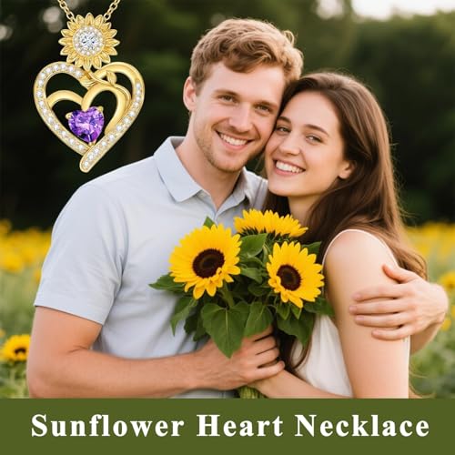 Midari Sunflower Necklace 18k Gold Plated Heart with Brithstone You Are My Sunshine Necklace Anniversary Birthday Sunflower Jewelry Gift for Women Wife Mom - color: 02-February