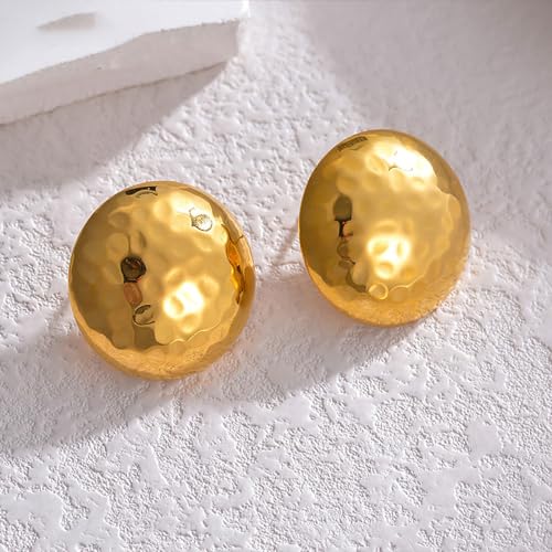 Hammered Gold Spherical Stud Earrings for Women 18K Gold Plated Stainless Steel Round Half Ball Studs Earrings Statement Ear Jewelry