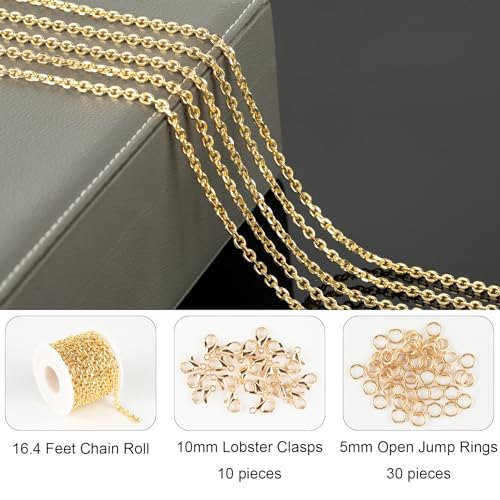 Jabogrii 16.4 Feet 18K Gold Brass Jewelry Chains Roll Oval Paperclip Chains | DIY Necklace Bracelet Chain with Lobster Clasps and Open Jump Rings for Jewelry Making - color: Cable Gold