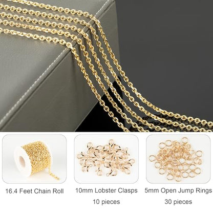 Jabogrii 16.4 Feet 18K Gold Brass Jewelry Chains Roll Oval Paperclip Chains | DIY Necklace Bracelet Chain with Lobster Clasps and Open Jump Rings for Jewelry Making - color: Cable Gold