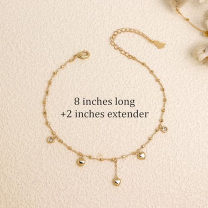 Silver Heart Charm Link Anklet for Women, Adjustable Handmade Cubic Zirconia Stackable Waterproof Summer Beach Chain Anklets Jewelry Accessories Gift - color: Gold Heart Charm