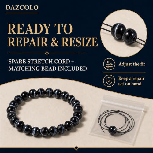 8mm Natural Crystal Stretch Bracelet | Handmade Round Stone Bead Bracelet, Runs Large, Meditation Yoga Gift for Women & Men - color: Black Sardonyx