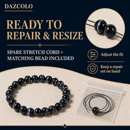 8mm Natural Crystal Stretch Bracelet | Handmade Round Stone Bead Bracelet, Runs Large, Meditation Yoga Gift for Women & Men - color: Black Sardonyx