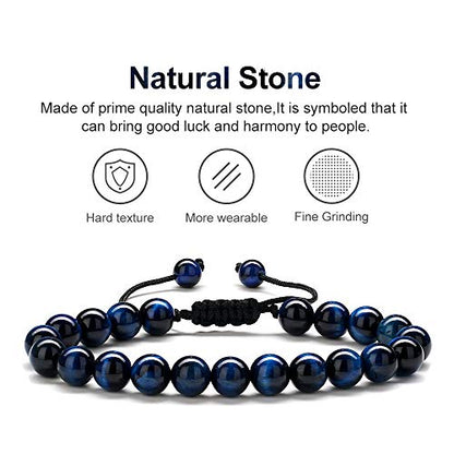 M MOOHAM Mens Bracelet - Beaded Natural Stone 8mm Tiger Eye Matte Agate Lava Rock Bracelets for Men Teen Boys Grandpa Dad Birthday Gifts Jewelry - style: Blue Tiger Eye Bracelet