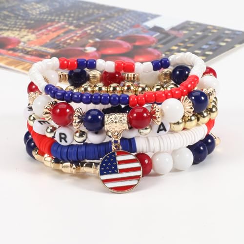 Ardorchid Halloween Bracelets for Women Pumpkin Ghost Steleton Bat Skull Beaded Stackable Stretchy Bracelet Rugby Thanksgiving Christmas Heishi Bracelets - color: USA Flag Bracelets-C