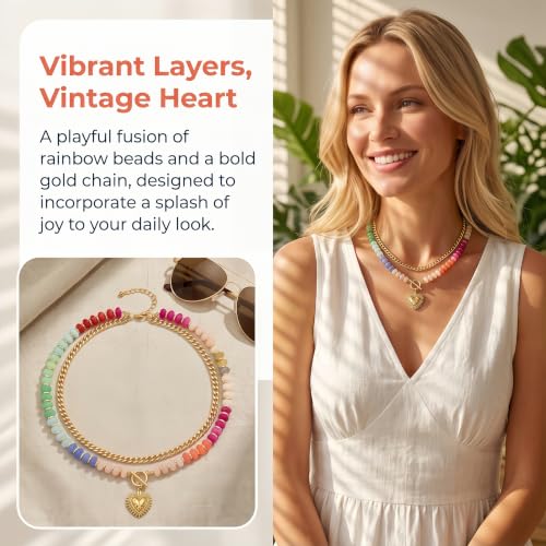 Layered Necklaces for Women Colorful Beaded Necklace with Heart Pendant | Acrylic Choker Chunky Chain Necklace for Women Boho Statement Charm Necklace Double Layered Stacked Jewelry for Summer Beach