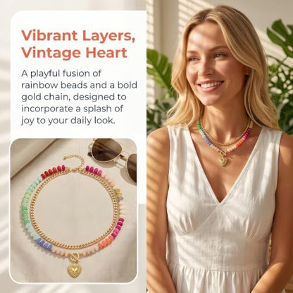 Layered Necklaces for Women Colorful Beaded Necklace with Heart Pendant | Acrylic Choker Chunky Chain Necklace for Women Boho Statement Charm Necklace Double Layered Stacked Jewelry for Summer Beach