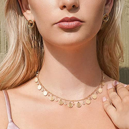 MTMY Beaded Necklaces for Women 14K Gold Plated Dainty Colorful Green/Rose Beaded Pearl Choker Necklace Delicate Boho Choker Necklace Jewelry Gift - style: Coin cz tassel