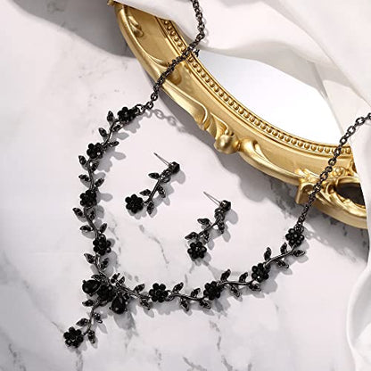 Women's Wedding Jewelry Set for Bride,Prom Bridal Accessories | Bling Crystal,Flower Leaf Cluster,Dangle Earrings Pendant Necklace Set,for Bridesmaid,Party Jewellery - color: 13-Black Black-Tone