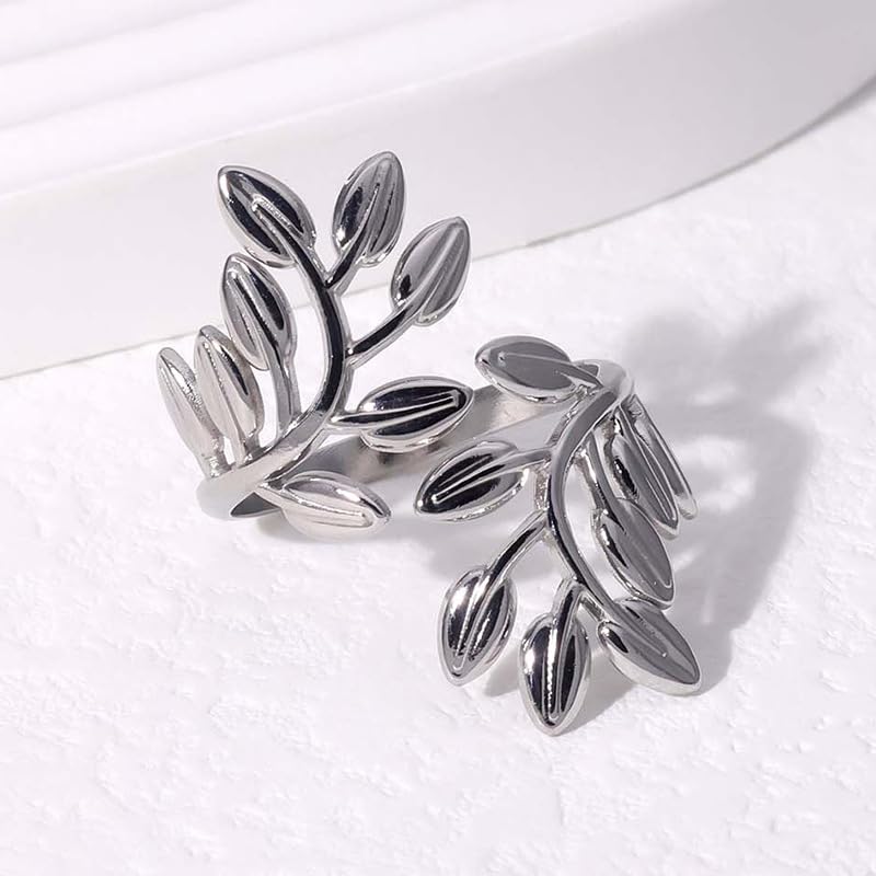 Stainless Steel Leaf Statement Ring for Women Laurel Branch Leaves Open Adjustable Band Fashion Finger Stacking Rings Birthday Party Jewelry Gifts Friendship - style: Floral