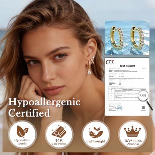 14K Gold Hoop Dangle Stud Earrings Surgical Steel Helix Piercing | Hypoallergenic,Cubic Zirconia,3 Pairs Huggie Hoop Set for Women,Dangle Stud,Cartilage Tragus Conch Earring,Jewelry Gift - color: A5-Gold Round CZ B