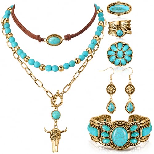 Ecally Bohemian Western Jewelry Turquoise Set Women Country Pendant Long Choker Layered Bracelets Earrings Ring for Women - color: Gold, style: Shiny