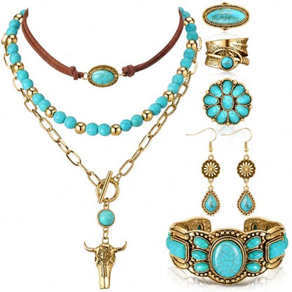 Ecally Bohemian Western Jewelry Turquoise Set Women Country Pendant Long Choker Layered Bracelets Earrings Ring for Women - color: Gold, style: Shiny