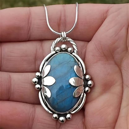 1 Pc, Silver Tone Snake Chain, Vintage Floral Labradorite Pendant Necklace, Boho Ethnic Style, Trendy Outfit Matching Jewelry (Silver)