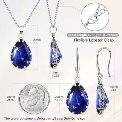Linawe Crystal Jewelry Sets for Women, Imitation Diamond Pendant Necklace, Rhinestone Drop Dangle Earrings, Birthstone Cubic Zirconia Matching Wedding Jewelry, 14K Gold/Rose Gold/Silver Tones - color: Silver,Sapphire,Sep,Dec