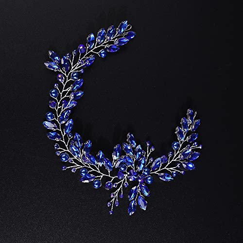 JWICOS Crystal Wedding Headband for Brides Pearl Wedding Hair Accessories Bridal Hair Piece Hair Vine for Women and Girls (Blue) - color: Blue