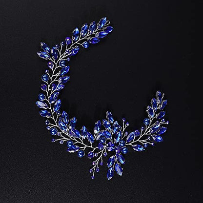 JWICOS Crystal Wedding Headband for Brides Pearl Wedding Hair Accessories Bridal Hair Piece Hair Vine for Women and Girls (Blue) - color: Blue