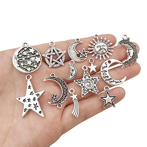 100 pcs Craft Supplies Mixed Antique Silver Sun Moon Stars Charms Pendants for Crafting Jewelry Findings Making Accessory for DIY Necklace Bracelet (M417) - color: Moon Sun Star