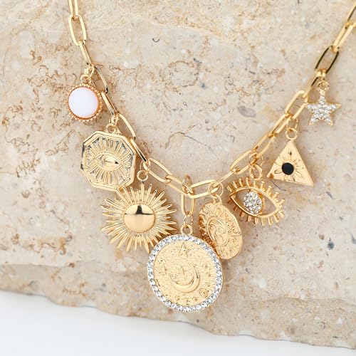 Charm Necklace for Women Gold Evil Eye Sun Moon Flower Coin Pendant Necklace Dainty Paperclip Chain Vintage Luck Amulet Choker Necklaces Celestial Jewelry Gift - style: 8 Coin Charms