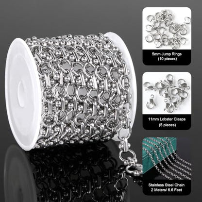 2 Meters Stainless Steel Chains Bulk Circle Chain for Jewelry Making with Jump Rings and Lobster Clasps - color: Circle Silver
