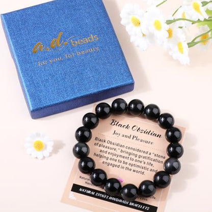 AD Beads Handmade Gemstone Stretch Elastic Bracelet Crystal Healing Reiki Nature's Beauty and Spiritual Essence Unisex (12mm, Black Obsidian (Pleasure)) - color: Black Obsidian (Pleasure), size: 12mm