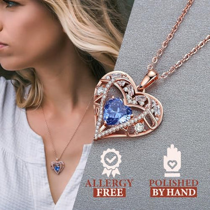 5 Heart I Love You Necklace for Women, Birthstone Crystal Pendant, Birthday Gift for Her, Wife, Mom, Rose Gold or Gunmetal Plated, 925 Sterling Silver Chain 18"+2" - color: 09-September-Sapphire Blue-Rose Gold Plated