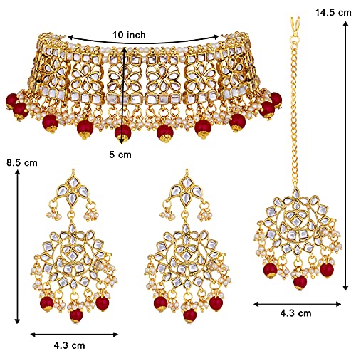 Aheli Elegant Indian Faux Kundan Studded Choker Necklace with Maang Tikka Set Ethnic Wedding Wear Bharatanatyam jewellery set Gift for Women - color: Maroon 2