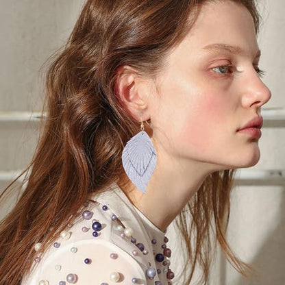 Genuine Leather Handmade Fringe Feather Lightweight Dangle Drop Earrings Teardrop Tassel Hook Earrings for Women - style: 4 Grey