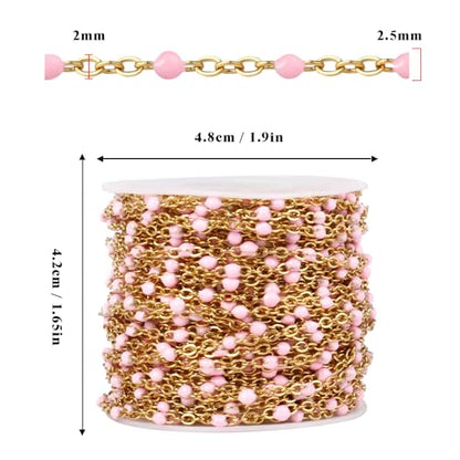 33FT 2mm Gold Cable Chains Pink Enamel Chains Bulk Roll for Jewelry Making | 18K Gold PVD Plated Stainless Steel Enamel Beaded Chains Roll for Necklace Bracelet - color: Gold Pink Beads