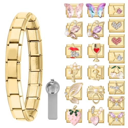 Italian Charms Bracelet Sets with 1Pcs Starter Brascelet 9Pcs Charms 9mm Italian Modular Charm Bracelet DIY Module Jewelry Gifts - color: A-Starter Bracelet Set-20Pcs Crystal