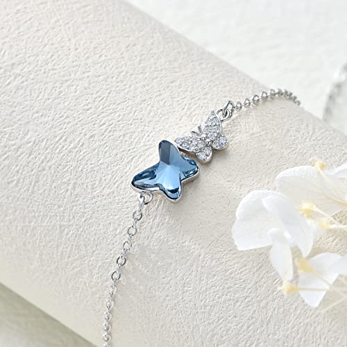 925 Sterling Silver Anklet Foot Bracelet with Crystal from Austria, Anklet Jewelry Gifts for Women 11 Inch Adjustable - style: C-Butterfly