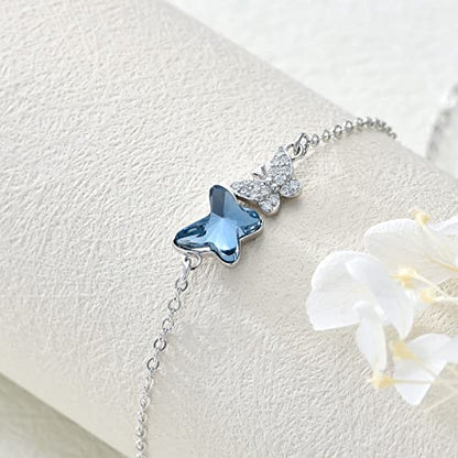 925 Sterling Silver Anklet Foot Bracelet with Crystal from Austria, Anklet Jewelry Gifts for Women 11 Inch Adjustable - style: C-Butterfly