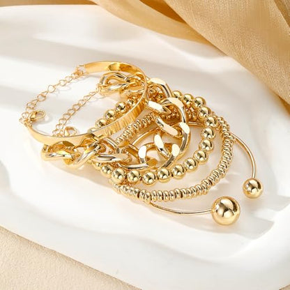 Golden Bangle Bracelets Set for Women, 14k Gold-Plated Multi Layer Stackable Cuff Bracelets, Personalized Boho Non Tarnish Adjustable Bangle Jewelry Gift for Her - color: 5PCS Golden Cuban Link Chain