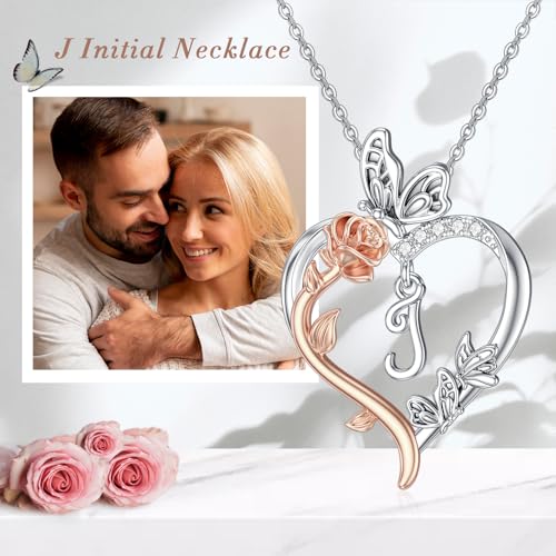 TOUPOP Gifts for Women Her 925 Sterling Silver Rose Heart Initial Necklace Butterfly Heart Jewelry Anniversary Birthday Gifts for Wife Girlfriend Mom - color: J Initial