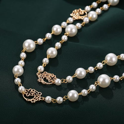 Simulated Pearl Strand Layered Necklace for Women, Multi Strand Long Necklace, Dainty Sweater Necklace for Party Costume Jewelry - style: Moon Star