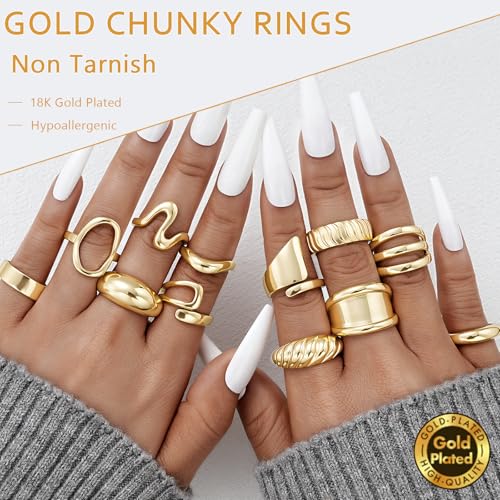 17 MILE Chunky Gold Stackable Rings for Women Non Tarnish, 18K Gold-Plated Statement Open Stacking Rings, Knuckle Band Ring Set - color: 12 Pcs Gold