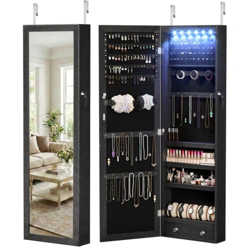 DUMOS 6 LEDs Mirror Jewelry Organizer Cabinet, Jewelry Armoire, 47.2 Inch | Hanging Door or Wall Mounted Mirror, Lockable, Large Capacity Cosmetic Storage, 2 Drawers, Gift Idea, Black - color: Black