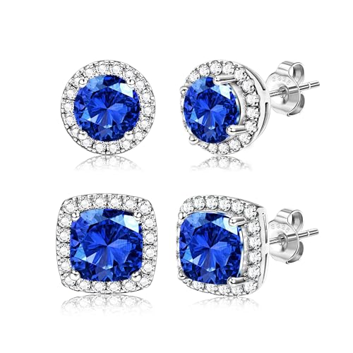 18K Gold Plated Halo Stud Earrings 925 Sterling Silver Cubic Zirconia Stud Earrings Round Square Diamonique Stud Earrings Set for Women Men - color: Silver&Blue
