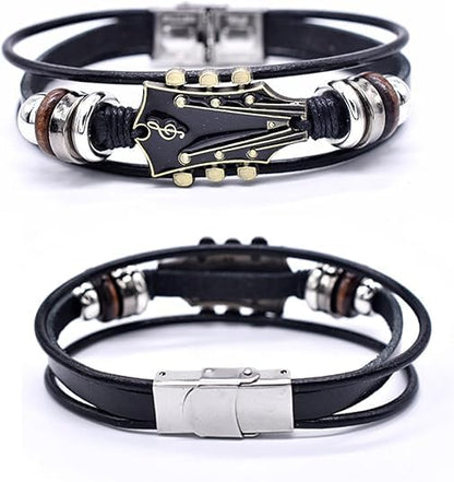 3 Set Retro Guitar Leather Bracelet For Man, Handmade Braided Zinc Alloy Rock Music Multi-Layer Wrap Bracelets Unique Punk Style Gifts Jewelry - color: 3 Pcs Set