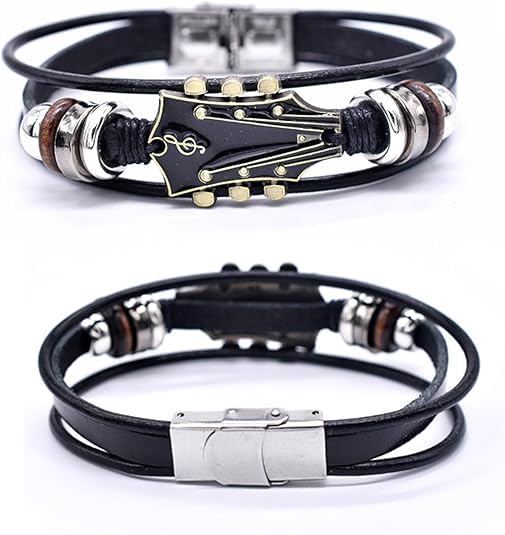 3 Set Retro Guitar Leather Bracelet For Man, Handmade Braided Zinc Alloy Rock Music Multi-Layer Wrap Bracelets Unique Punk Style Gifts Jewelry - color: Retro Red