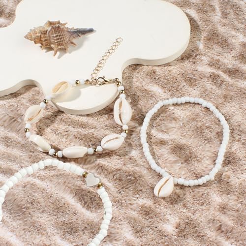 3PCS Boho Anklets for Women Summer Beach Women's Ankle Bracelets Beaded Anklet Bracelet Waterproof Beach Anklets Shell Starfish Anklet Foot Chain Jewelry for Women - color: 3PCS/white heart