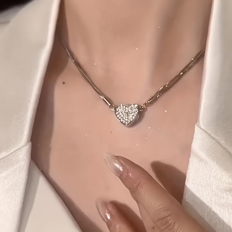 1 Pc, Silver Tone Layered Necklace, CZ Crystal Heart Pendant & Snake Chain, Dainty Shiny Style Jewelry (Silver)