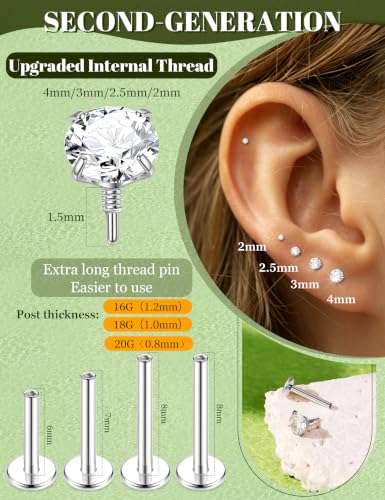 4Pairs 16G 18G G23 Titanium Flat Back Stud Earrings for Women Extended Internal Thread Cartilage Earrings Hypoallergenic Conch Helix Tragus Stud Lip Labret Medusa Nose Piercing Jewelry - color: Silver, size: 16G(1.2mm)