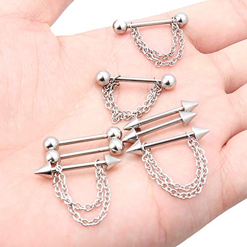 316L Surgical Steel Chain Dangle Nipple Shield Rings 14G Nipplering Barbell Piercing Jewelry for Women Men - color: Silver-tone/4Pr