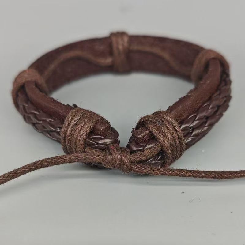 Adjustable Braided Leather Wrap Bracelet for Men Women, Vintage Handmade Hemp Rope Wristband, Boho Casual Hand Knotted Faux Leather Jewelry Gift