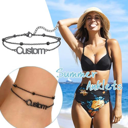 U7 Custom Layered Ankle Bracelets for Women Stainless Steel Bead/Cuban/Figaro/Rope/Wheat Chain Anklet Waterproof Anklet Jewelry for Beach Vacation - color: c-Black-Bead Chain