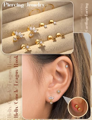 LOLIAS 18K Gold Plated Threadless Flat Back Earrings Studs Hypoallergenic | 316L Surgical Steel Push in Nose Rings Studs 20G CZ Tragus Cartilage Helix Conch Lip Labret Medusa Nostril Piercing Jewelry - color: 18K Gold Plated, size: 20G(0.8mm)-Star&CZ&Ball