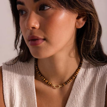 CONRAN KREMIX Colorful Stone Beaded Necklace for Women,Natural Gemstone Bead Choker Necklaces Boho Summer Beach Layering Necklace Jewelry Gift for Women - color: Tiger Eye Stone